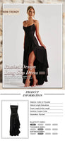 VC Elegant Black Satin Maxi Dress with Crisscross Spaghetti Straps and High Slit Ruffled Hem for High - Profile Occasions