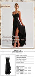 VC Elegant Black Satin Maxi Dress with Crisscross Spaghetti Straps and High Slit Ruffled Hem for High - Profile Occasions