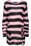 2024 Purple Striped Gothic Sweaters Women Ripped Holes Loose Knitted Pullover Frayed Fairy Grunge Jumpers Emo Streetwear Lolita