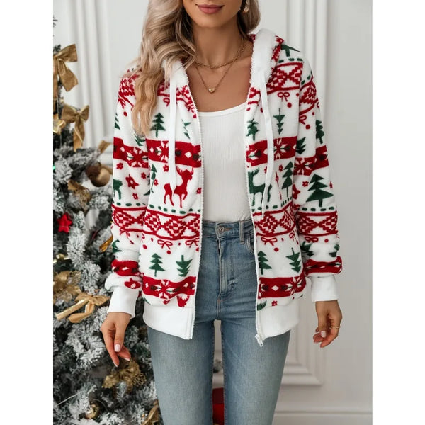 Lined Hooded Jacket  Christmas Print Plush Festive Reindeer Snowflake Stretchy Polyester Blend Winter Coat Holiday Parties