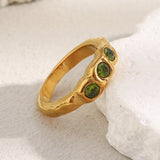 E.B.belle New Vintage Style Three Green Zircon Ring PVD Plated 316L Stainless Steel Simple Women Statement Finger Chic Jewelry