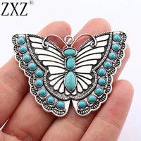 ZXZ 2pcs Tibetan Silver Large Imitation Turquoise Stone Butterfly Insect Charms Pendants For Necklace Jewelry Making Findings
