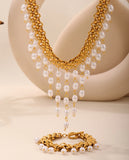 Stainless Steel Crawler Necklace Bracelet For Women 18k Gold Plated Imitation Pearl Tassel Charm Women's Necklaces Bracelets Set
