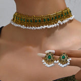 Ethnic Style Vintage Choker Necklace Earrings Set For Women Simulated Pearl Beads Jewelry Sets Resin Stone Crystal Jewelry Set