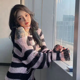 2024 Purple Striped Gothic Sweaters Women Ripped Holes Loose Knitted Pullover Frayed Fairy Grunge Jumpers Emo Streetwear Lolita