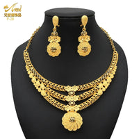 Dubai 24K Gold Color Jewelry Sets Wedding African Long Necklace Earrings For Women Nigerian Indian Bridal 2PCS Set Party Gifts
