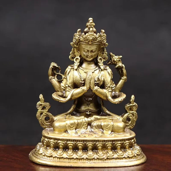 Antique Four-armed Avalokitesvara Bidhisattva Statue Desk Ornaments Tibetan Patron Saint Figurines Home Decoration Crafts