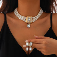 1Set Luxury Multilayer Imitation Pearl Necklace Earrings For Women Girls Temperament Jewelry Bridal Rhinestone Wedding Jewelry