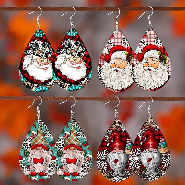 SOMESOOR Merry Christmas Series Waterdrop Shape Wooden Drop Earrings Santa Claus Tree Snowman Cute Ear Dangle Jewelry For Women
