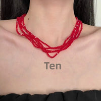 Luxurious Multi-Layer Red Beaded Flower Tassel Necklace Fashionable Choker High-End Clavicle Chain Jewelry Accessory