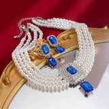 SHIXIN 2Pcs Luxury Multilayer Imitation Pearl Choker Necklace Earrings Bridal Green Rhinestone Neck Chain Wedding Jewelry Set