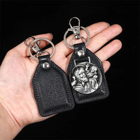 PU Leather Keychain Saint Christopher Charm Pendant Men Antique Bronze Plated Hook Keychain Car Keychain