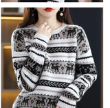 Autumn Winter Women Simple Elk Deer Jacquard Christmas Knitted Sweater Y2K Casual O Neck Long Sleeve Pullover Tops Loose Jumpers