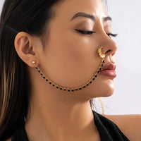 Lacteo Trendy Nose Rings for Women Connecting Earrings Black Green Small Crystal Beads Fake Nostril Piercing Clip Jewelry Ladies