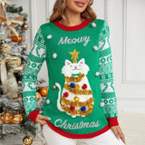 Y2k Style Women's Christmas Sweaters 3d Cartoon Cat Knitted Jumper Full Sleeve O Neck Soft Loose Knitwear Xmas Look Pullover Top