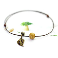 Vintage Bronze Leaf Small Bell and Colorful Flower Glazed Ceramic Bead Pendant Leather Rope Anklet Women Ethnic Style Bracelet