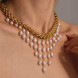 Stainless Steel Crawler Necklace Bracelet For Women 18k Gold Plated Imitation Pearl Tassel Charm Women's Necklaces Bracelets Set