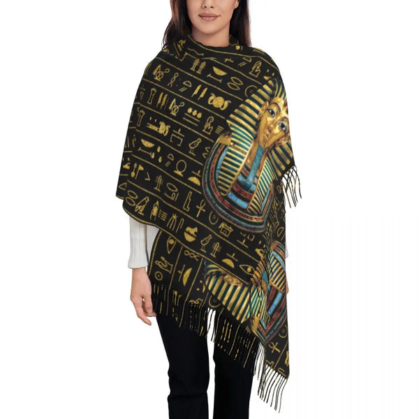 Custom Printed Ancient Gold Pharaoh Egypt King Tut Scarf Men Women Winter Fall Warm Scarves Egyptian Hieroglyphic Shawl Wrap
