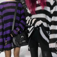 2024 Purple Striped Gothic Sweaters Women Ripped Holes Loose Knitted Pullover Frayed Fairy Grunge Jumpers Emo Streetwear Lolita