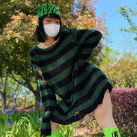 2024 Purple Striped Gothic Sweaters Women Ripped Holes Loose Knitted Pullover Frayed Fairy Grunge Jumpers Emo Streetwear Lolita