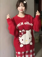 Kawaii Christmas Sanrioed Cartoon Hello Kitty Knitted Sweater Women Knitting Red Knitted Tops Anime New Cute Girls Student Tops