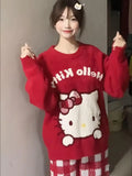 Kawaii Christmas Sanrioed Cartoon Hello Kitty Knitted Sweater Women Knitting Red Knitted Tops Anime New Cute Girls Student Tops