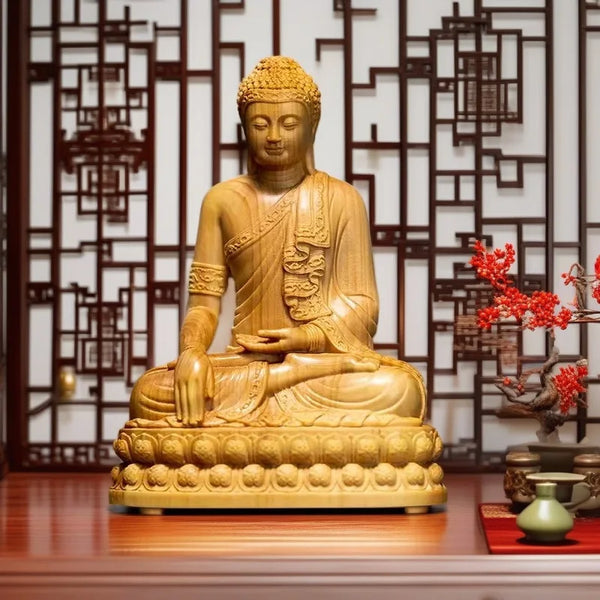 Natural Cypress Lndia Shak yamuni Buddha Characters Figurines Hand Carved Solid Wood Home Room Office Feng ShuiDecoration Statue