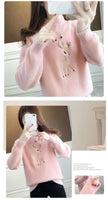 2023 Christmas Sweater Women Faux Mink Cashmere Half High Collar Pullover Fleece Winter Clothes Embroidery Deer Warm Jumper
