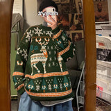 Christmas Reindeer Pullover Sweater Long Sleeve Red Loose Lazy Knitwear Horean Casual O Neck Hiphop Bf Couple Harajuku Y2K Top