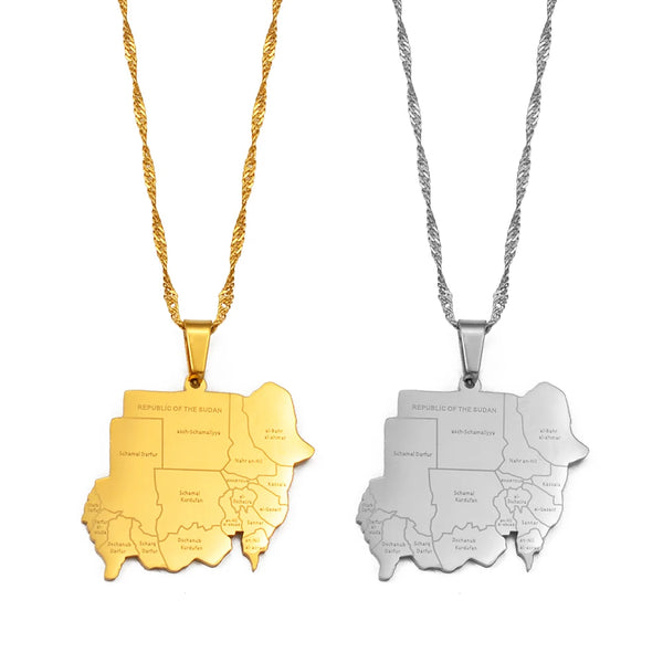 Anniyo Republic of the Sudan Map and Cities Pendant Necklace North Sudan Jewelry @214521
