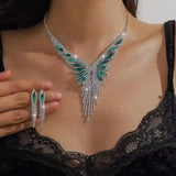 3-piece luxury crystal rhinestone and green gemstone tassel jewelry set, exquisite and elegant, perfect for wedding parties