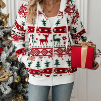 Lined Hooded Jacket  Christmas Print Plush Festive Reindeer Snowflake Stretchy Polyester Blend Winter Coat Holiday Parties