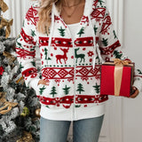 Lined Hooded Jacket  Christmas Print Plush Festive Reindeer Snowflake Stretchy Polyester Blend Winter Coat Holiday Parties
