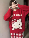 Kawaii Christmas Sanrioed Cartoon Hello Kitty Knitted Sweater Women Knitting Red Knitted Tops Anime New Cute Girls Student Tops