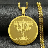 Jewish Hanukkah Nine Lamp Candlestick Pendant Necklace for Women Men Stainless Steel Gold Color Hebrew Religious Chain Jewelry