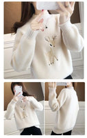 2023 Christmas Sweater Women Faux Mink Cashmere Half High Collar Pullover Fleece Winter Clothes Embroidery Deer Warm Jumper