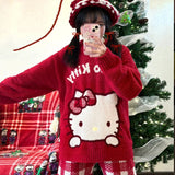 Kawaii Christmas Sanrioed Cartoon Hello Kitty Knitted Sweater Women Knitting Red Knitted Tops Anime New Cute Girls Student Tops
