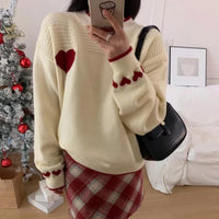 Xingqing Christmas y2k Sweaters Women Clothes Heart Print Round Neck Long Sleeve Knitted Pullover Tops 2000s Aesthetic Clothing