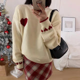 Xingqing Christmas y2k Sweaters Women Clothes Heart Print Round Neck Long Sleeve Knitted Pullover Tops 2000s Aesthetic Clothing
