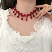 Luxurious Multi-Layer Red Beaded Flower Tassel Necklace Fashionable Choker High-End Clavicle Chain Jewelry Accessory