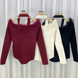 Christmas Theme Splice Design Show Shoulder Knitted Top Winter Hot Sale Of The Season One Shoulder Hanging Neck Slim Fit Body He