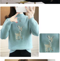 2023 Christmas Sweater Women Faux Mink Cashmere Half High Collar Pullover Fleece Winter Clothes Embroidery Deer Warm Jumper
