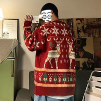 Christmas Reindeer Pullover Sweater Long Sleeve Red Loose Lazy Knitwear Horean Casual O Neck Hiphop Bf Couple Harajuku Y2K Top
