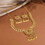 Afghan Fashion Golden Geometric Hollow Carving Rhinestone Coins Tassel Necklaces Earrings Women Kurdish Statement Jewelry Set