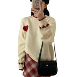 Xingqing Christmas y2k Sweaters Women Clothes Heart Print Round Neck Long Sleeve Knitted Pullover Tops 2000s Aesthetic Clothing
