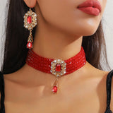 FYUAN Multilayer Green Red Blue Black Crystal Necklace Geometric Hollow Alloy Earrings For Women Weddings Banquet Jewelry Sets