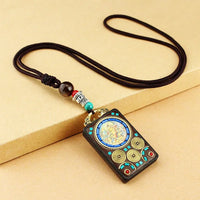 Nepal Tangka Pendant Male Green Tara Manjushri Bodhisattva Black Sandalwood Buddha Sign Vintage Necklace Sweater Chain Jewelry