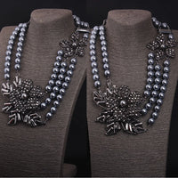 Ethnic Jewelry Big Statement Black Flower Gray Faux Pearl Beads Multi Strand Layered Bib Choker Collar Necklace for Women Party