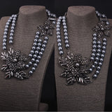 Ethnic Jewelry Big Statement Black Flower Gray Faux Pearl Beads Multi Strand Layered Bib Choker Collar Necklace for Women Party