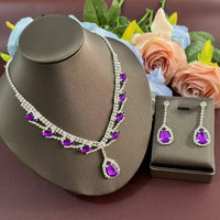 Explosive rhinestone necklace earring set, bridal jewelry, purple water droplet jewelry, three piece set
